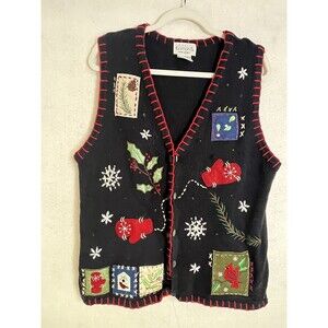 Vintage 90s Basic Editions Holiday Christmas Embroidered Knitted Vest Large